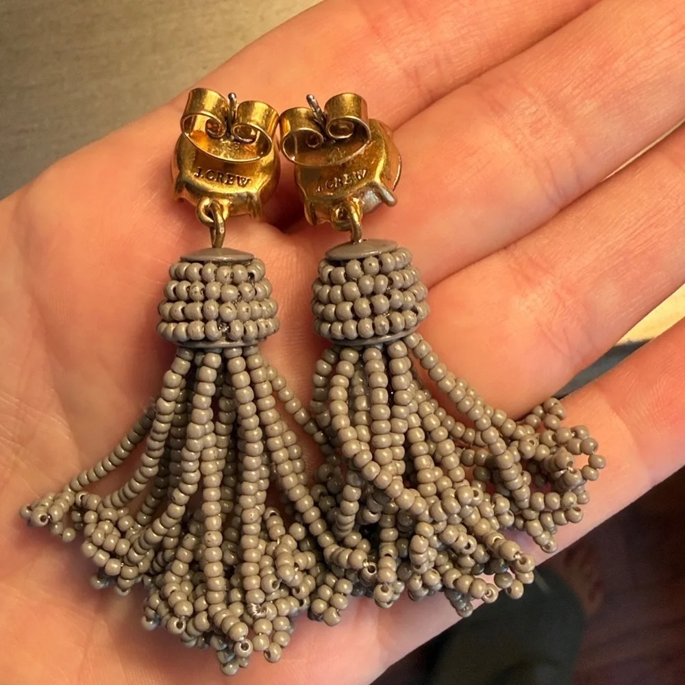 NWOT J.Crew Gold Gray Beaded Tassel Earrings